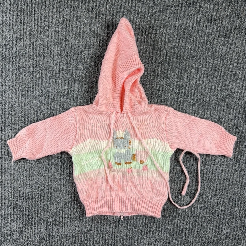 Mine Alone Sweater Girls 3-6 Months Pink Hooded Donkey Graphic Knit Full Zip